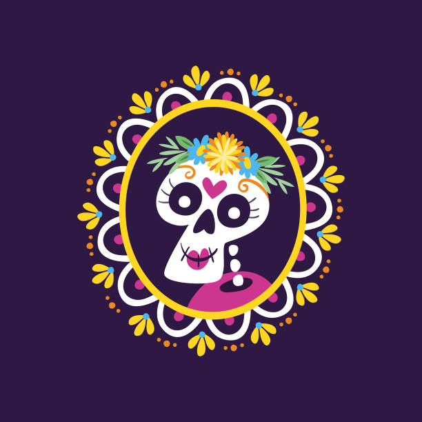 Cartoon Mexican Skull Frame Day of Dead (Día de Muertos) Label. Cartoon Mexican female skull portrait into a decorative frame. Cute vector Illustration. muerte stock illustrations