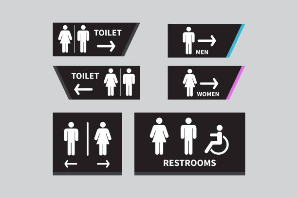 illustrations, cliparts, dessins animés et icônes de placez des panneaux de toilette. les hommes et les femmes icône de toilettes signent la flèche droite. icône fauteuil roulant handicapé. illustration vectorielle - public restroom bathroom restroom sign sign