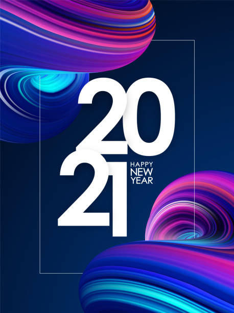 Happy New Year 2021. Greeting poster with 3D Neon colored abstract twisted fluid shape. Trendy design Vector illustration: Happy New Year 2021. Greeting poster with 3D Neon colored abstract twisted fluide shape. Trendy design 2021 background stock illustrations