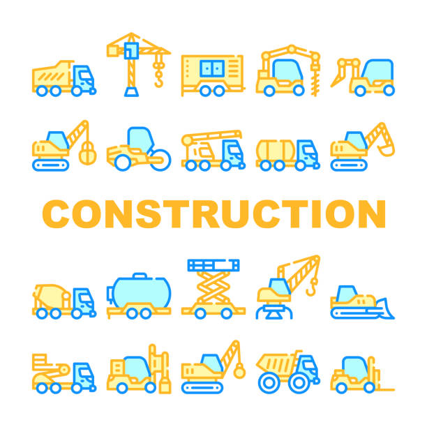 ikony kolekcji pojazdów budowlanych zestaw izolowanych ilustracji - loading earth mover skidding construction equipment stock illustrations