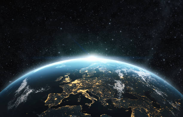 pianeta terra dallo spazio di notte - orizzonte immagine foto e immagini stock