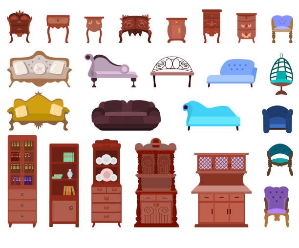 Set of antique nightstands, chests of drawers, armchairs, sofas, cabinets isolated on a white background.Collection of antique furniture for the bedroom, living room.Vector illustration in flat style. Set of antique nightstands, chests of drawers, armchairs, sofas, cabinets isolated on a white background.Collection of antique furniture for the bedroom, living room.Vector illustration in flat style. bedroom clipart stock illustrations