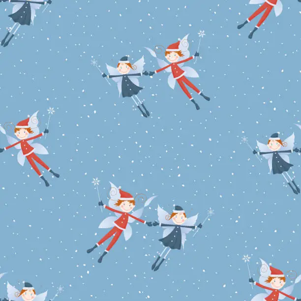 Vector illustration of Seamless pattern of couples cheerful elves flying in snowfall in december