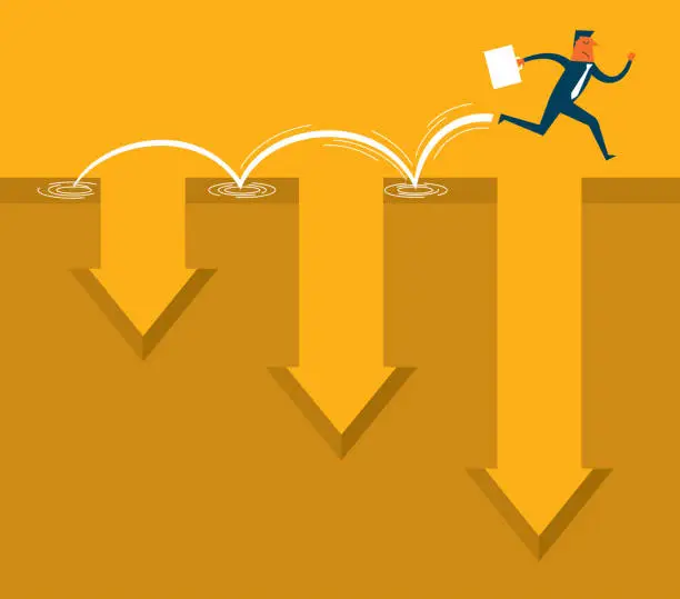 Vector illustration of Businessman running jump through the gap