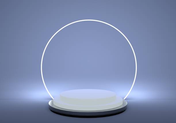 istock 3d pedestal, cylinder platform, shiny metallic podium with round neon frame. Blank product showcase stand. Performance stage. 1271128112