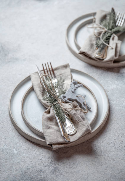 istock Cristmas table cutlery set with holiday decoration. Top view, copy space 1271128705