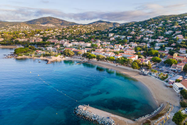 Aerial view of Les Issambres beach in French Riviera (South of France) stock photo