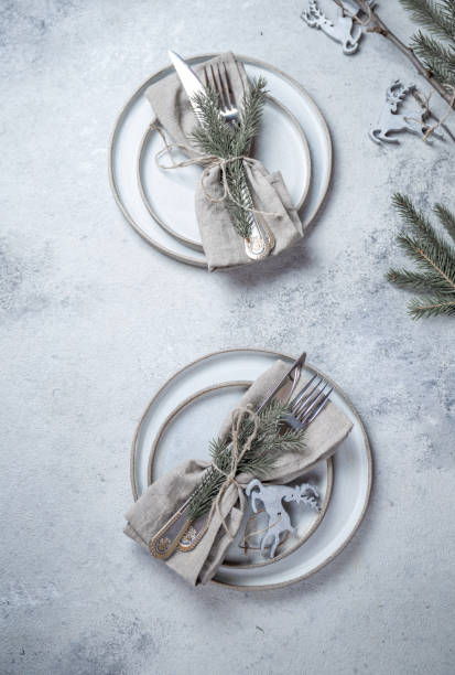 istock Cristmas table cutlery set with holiday decoration. Top view, copy space 1271129595