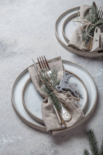 istock Cristmas table cutlery set with holiday decoration. Top view, copy space 1271129825