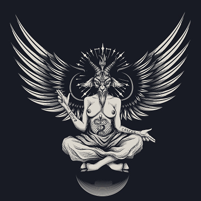 Colorful vector illustration in engraving technique of demon with goat head, wings and woman body who sitting on sphere. Satanic, occult symbol. Isolated on black background.