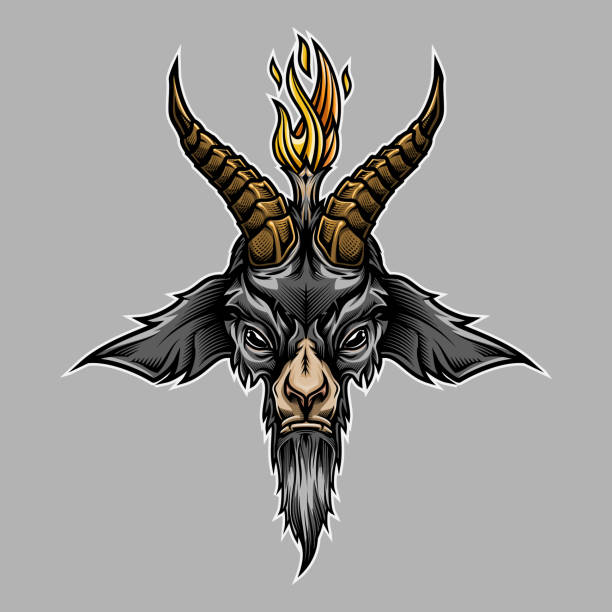 Baphomet goat head. Colorful vector illustration in stylish engraving technique of goat head with torch light. Occult symbol. Isolated on black background. satan goat stock illustrations