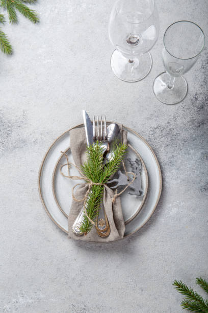 istock Cristmas table cutlery set with holiday decoration. Top view, copy space 1271130820