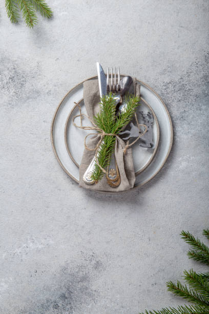 istock Cristmas table cutlery set with holiday decoration. Top view, copy space 1271130867