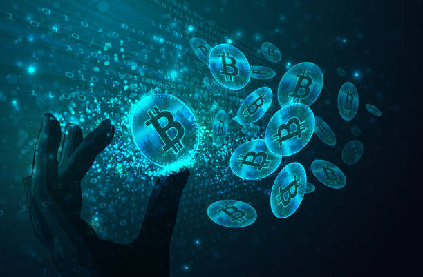 Bitcoins Crypto Currency Concept Bitcoins in a futuristic room made from binary code and a hand holding one of them. (Used clipping mask) bitcoin trading stock illustrations
