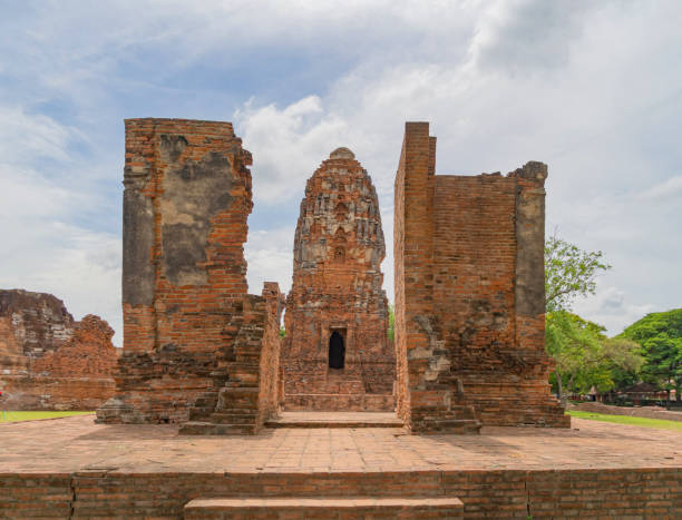 Old ruins of a temple in Phra Nakhon Si Ayutthaya province near Bangkok, Thailand. An old buddha statue in ancient temple. Famous tourist attraction landmark. History of Thai architecture. antiguas ruinas de un templo en la provincia de phra nakhon si ayutthaya, cerca de bangkok, tailandia. una antigua estatua de buda en el antiguo templo. famoso punto de referencia de la atracción turística. historia de la arquitectura tailandesa.