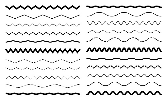 Seamless wavy zigzag dotted line set. Graphic design elements collection for decoration. Horizontal curvy squiggles