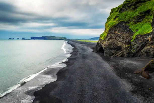 Photo of Aerial view of the Reynisfjara black sand beach in south Iceland