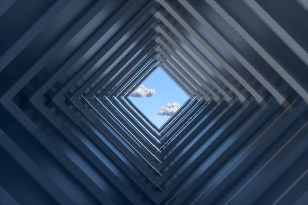 3D Rendering of abstract dark tunnel, door to sky.