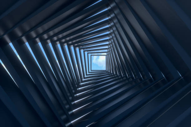 3D Rendering of abstract dark tunnel, door to sky.