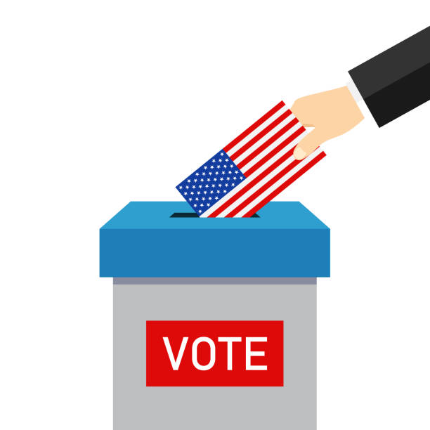 ilustrações de stock, clip art, desenhos animados e ícones de vote 2020 in usa. paper ballot and box for presidential election. hand voter with card is symbol democracy. icon for election day. put envelope in box. senate, policy, congress, candidates. vector - president men cartoon old