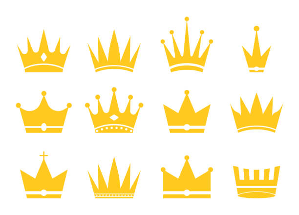 ilustraciones, imágenes clip art, dibujos animados e iconos de stock de coronas para rey, reina, princesa y príncipe. iconos de oro para decoración real. silueta de corona dorada es símbolo de riqueza y majestuoso imperial. conjunto de logotipos para estilo premium o doodle. vector - cross cross shape shiny gold