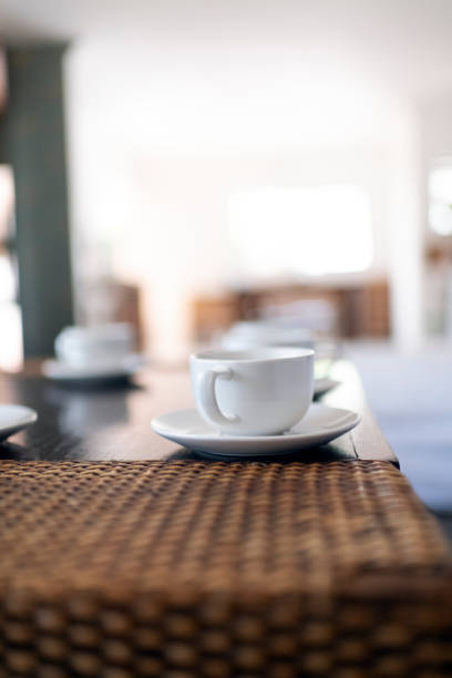 istock White tea cup and saucer on wicker coffee table background 1271142998