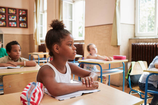 istock Elementary schoolgirl listening to a lecture with classmates in a classroom 1271143421