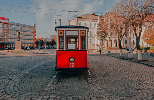 istock Vintage Soviet tram in Sovetsk or Tilsit. Main Town Square 1271146187