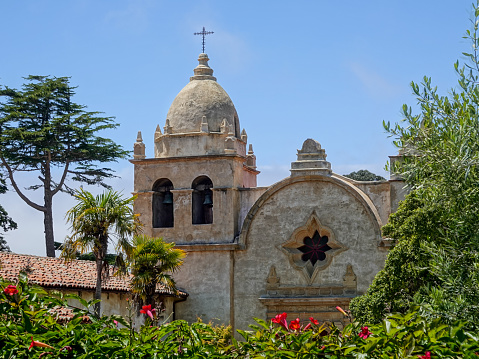 Exterior detail views of the historic Carmel Mission Basilica. Carmel, California.
