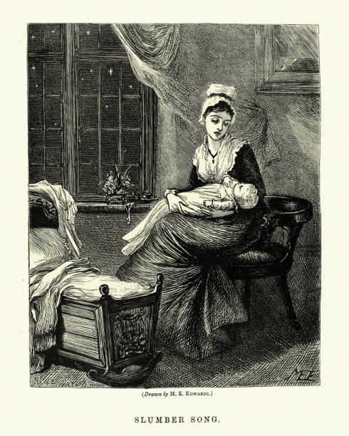 junge mutter singt ihr baby ein wiegenlied, viktorianischen 1870er jahre, 19. jahrhundert - lullaby stock-grafiken, -clipart, -cartoons und -symbole