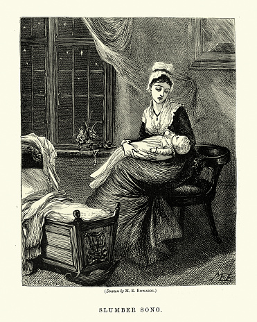 Vintage illustration of Young mother singing her baby a lullaby, Victorian 1870s, 19th Century