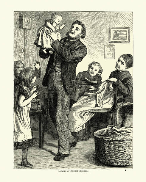 gia đình chào đón một em bé mới vào nhà, victoria những năm 1870 - beginning of a new era hình minh họa sẵn có