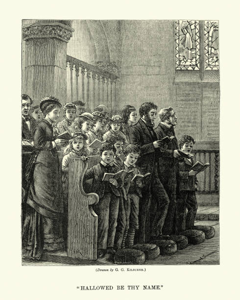 Church congregation singing Hallowed be thy name, Victorian 1870s, 19th Century Vintage illustration of Church congregation singing Hallowed be thy name, Victorian 1870s, 19th Century church black and white people praying stock illustrations