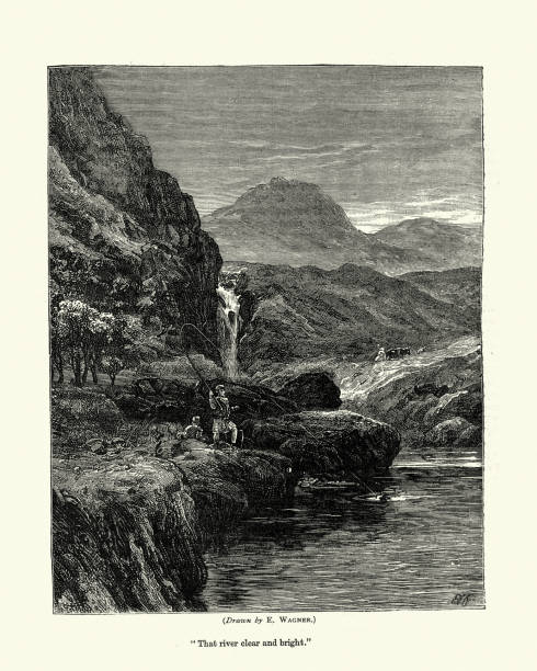 Man fishing in a Highland river, Scotland, Victorian 1870s Vintage illustration of Man fishing in a Highland river, Scotland, Victorian 1870s, 19th Century fly fishing scotland stock illustrations