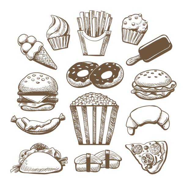 illustrazioni stock, clip art, cartoni animati e icone di tendenza di schizzi di fast food - cream ice symbol french fries