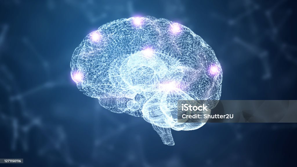 3D Abstract HUD brain and nervous system wireframe hologram simulation node with lighting on blue background. Nanotechnology and futuristics science concept. Medical and Healthcare. Intelligence and knowledge brain structure 3D Abstract HUD brain and nervous system wireframe hologram simulation node with lighting on blue background. Nanotechnology and futuristic science concept. Medical and Healthcare. Intelligence and knowledge brain structure Chemistry Stock Photo