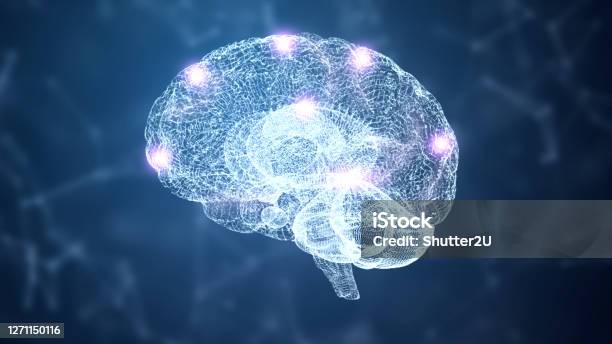 3d Abstract Hud Brain And Nervous System Wireframe Hologram Simulation Node With Lighting On Blue Background Nanotechnology And Futuristics Science Concept Medical And Healthcare Intelligence And Knowledge Brain Structure Stock Photo - Download Image Now