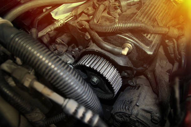 istock camshaft pulley V-shaped car engine, preparation for replacing the timing belt. 1271150129