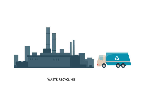 ilustrações de stock, clip art, desenhos animados e ícones de vector illustration of a garbage recycling plant and a garbage truck. - secondary action