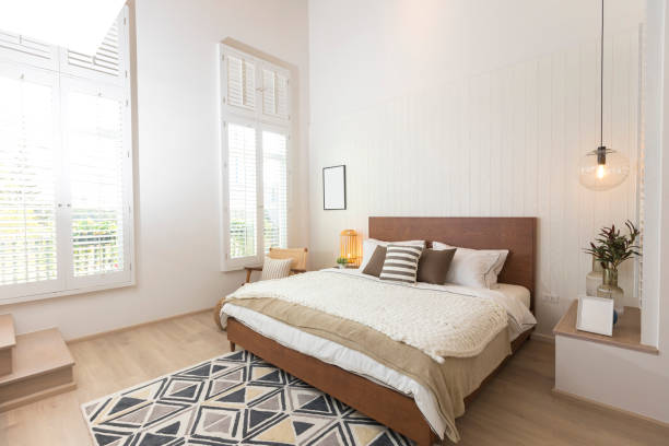 istock Master bedroom in rustic style and hanging lamp. 1271150725