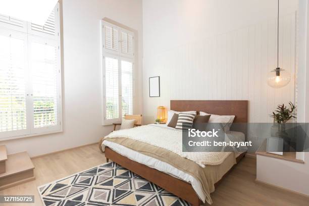 Master Bedroom In Rustic Style And Hanging Lamp Stock Photo - Download Image Now - Owner's Bedroom, Bedroom, Elegance