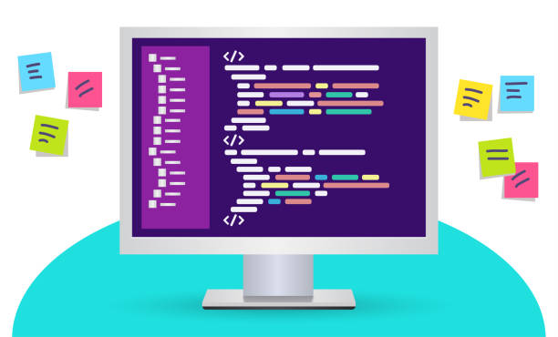 Personal computer with a code page on the desktop, around colored papers with tasks. Program code icon in flat style. Personal computer with a code page on the desktop, around colored papers with tasks. Vector illustration isolated flowchart symbols programming stock illustrations