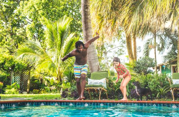 istock Playful mixed ethnic group ready to dive into a backyard pool 1271151843