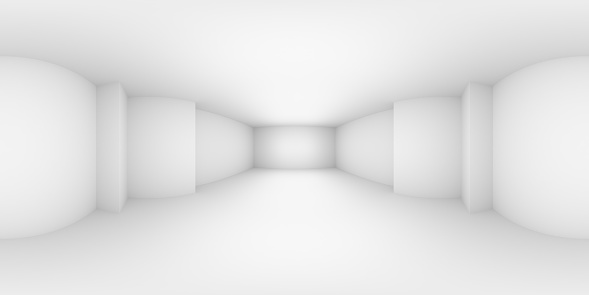 HDRI environment map of abstract white empty room with white wall, floor, ceiling with niche without any textures, white colorless 360 degrees spherical panorama background, 3d illustration