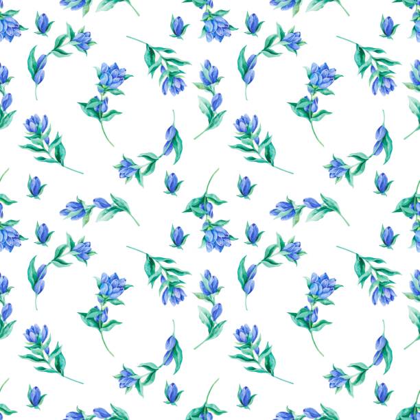 The seamless pattern with blue gentian is made in the technique of watercolors. The seamless pattern with blue gentian is made in the technique of watercolors. Printing on fabrics, packaging paper, wedding invitations, etc blue gentian stock illustrations