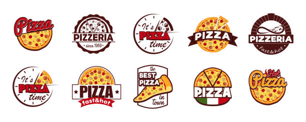 ilustraciones, imágenes clip art, dibujos animados e iconos de stock de cartoon color pizzeria etiqueta insignia signo conjunto concepto estilo de diseño plano. vector - pizza