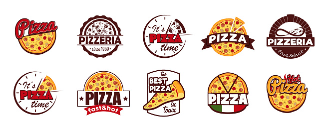 Cartoon Color Pizzeria Label Badge Sign Set Concept Flat Design Style. Vector illustration of Pizza Sticker