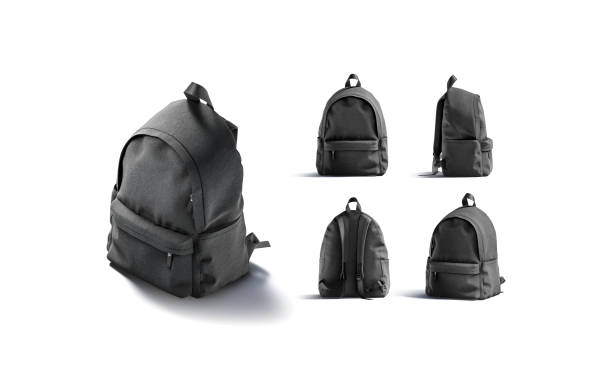 Blank black backpack with zipper and strap mockup, different views Blank black backpack with zipper and strap mockup, different views, 3d rendering. Empty student canvas knapsack mock up, isolated. Clear closed carry rucksack template. backpack stock pictures, royalty-free photos & images