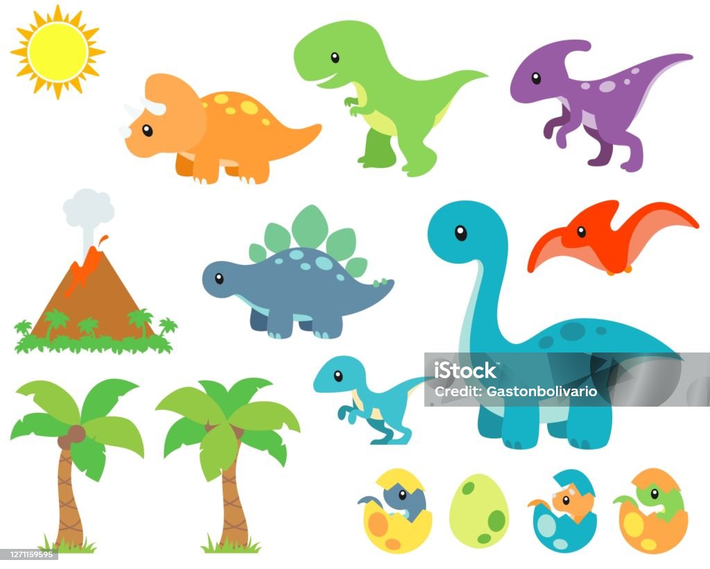 귀여운 선사 시대 공룡과 배경 벡터 일러스트 세트 공룡에 대한 스톡 벡터 아트 및 기타 이미지 - 공룡, 귀여운, 클립아트 -  Istock