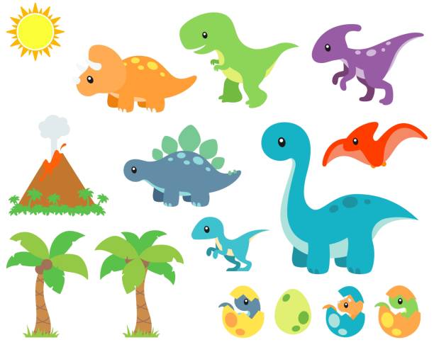 Cute Prehistoric Dinosaur and Background Vector Illustration Set Fun, colorful dinosaur and background elements vector illustration set bedroom clipart stock illustrations